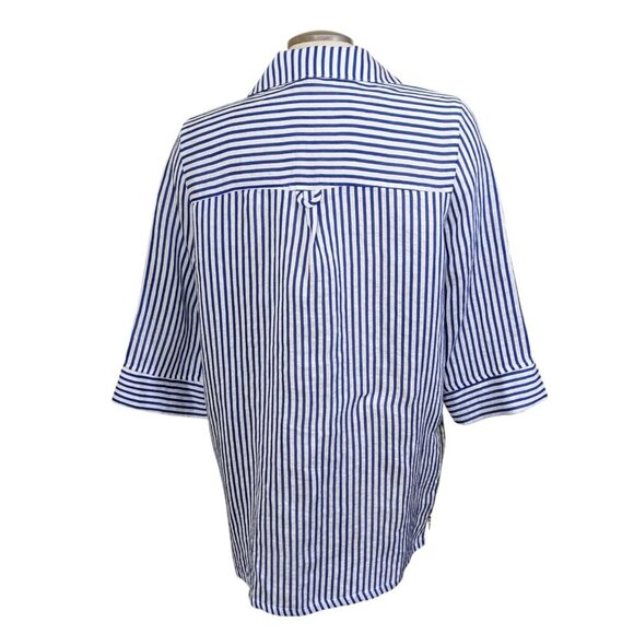 IC Connie K Button Up Shirt Blouse Womens L White Blue Striped Zippers Flax - Picture 5 of 11